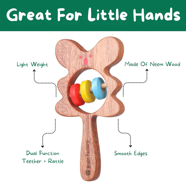 Neem Wood Bear And Owl Teether Rattle Combo Set