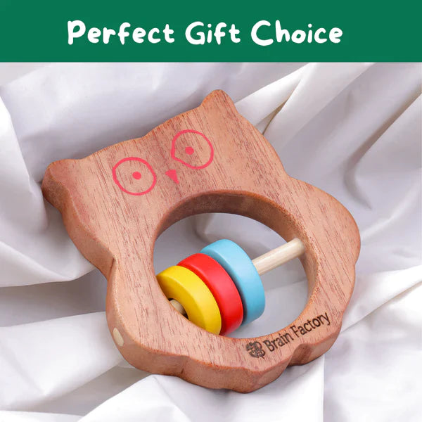 Neem Wood Bear And Owl Teether Rattle Combo Set