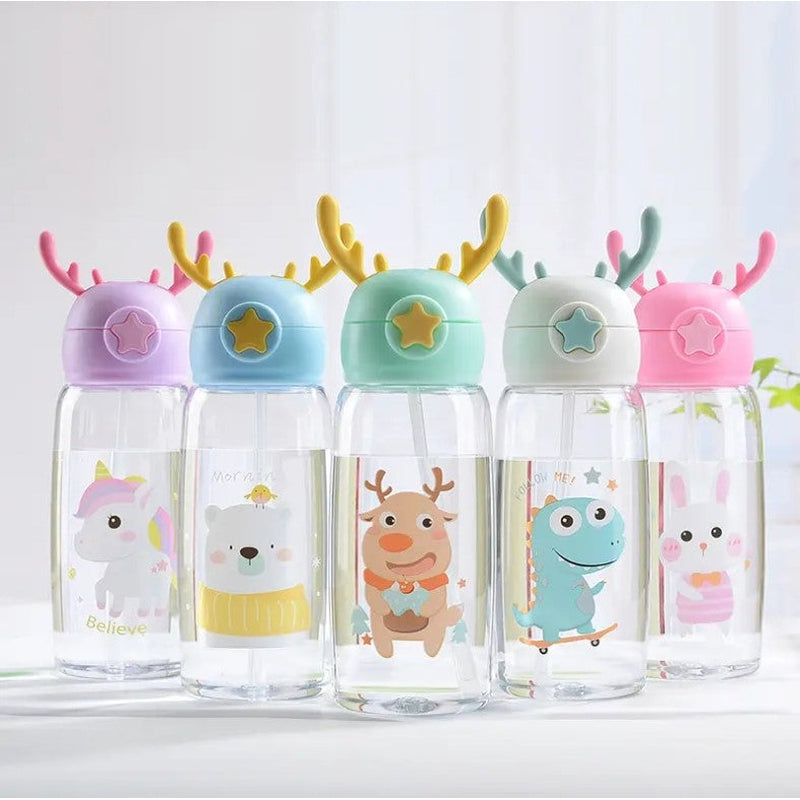 Multicolor Cartoons Printed Kids Water Bottle 550ml Capacity Cute Antler-Shaped with Straw Lid, Detachable Holding Cover Strap (Assorted Colours)