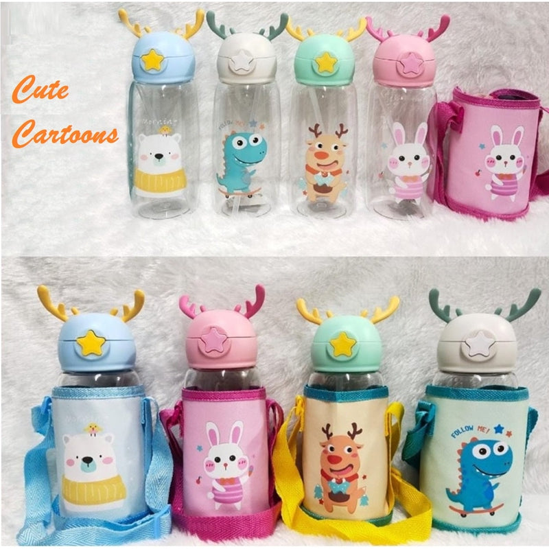 Multicolor Cartoons Printed Kids Water Bottle 550ml Capacity Cute Antler-Shaped with Straw Lid, Detachable Holding Cover Strap (Assorted Colours)