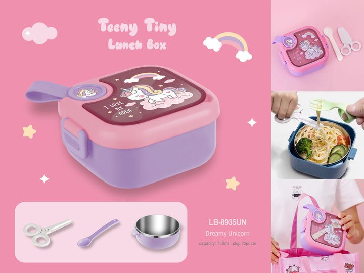 Space/Unicorn/Dino/Duck Printed Square - 750ml Lunch Box with Spoon & Scissor